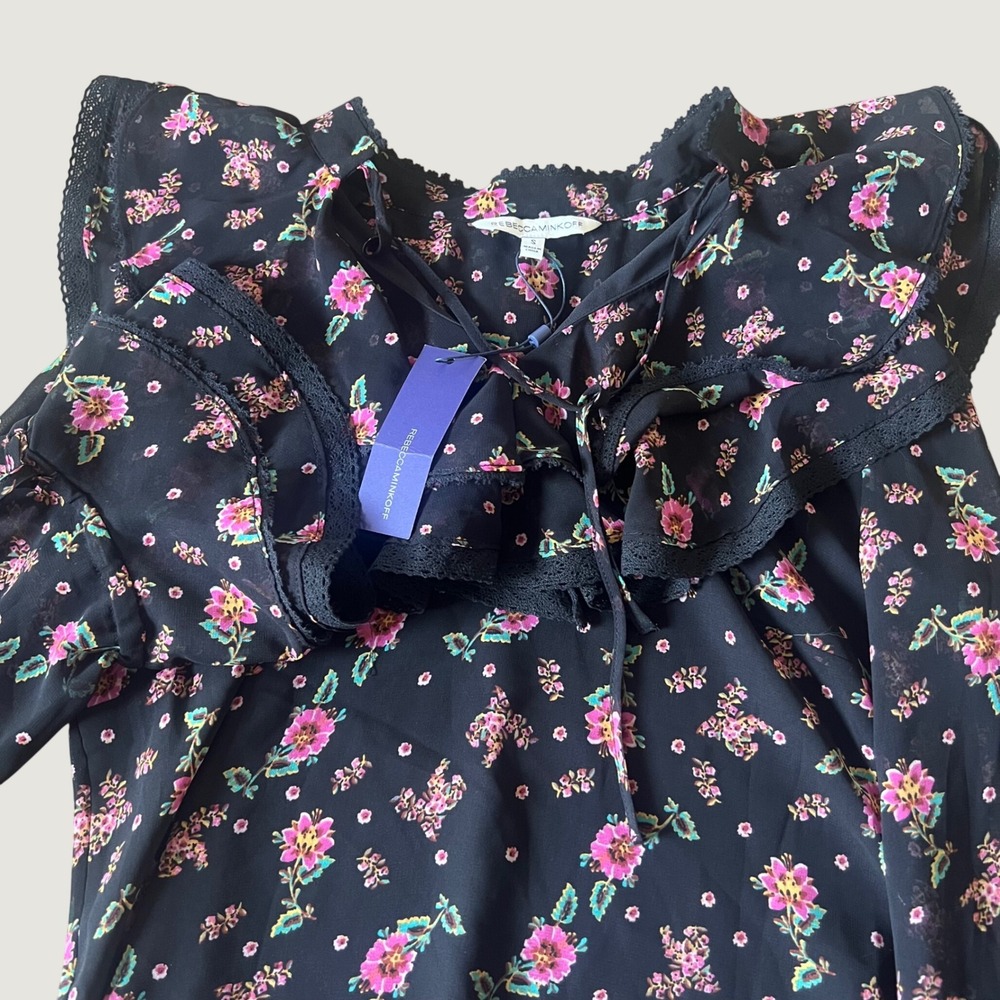 NWT Rebecca Minkoff Women S Devy Top Black Multi Floral Cold Shoulder Ruffle NWT